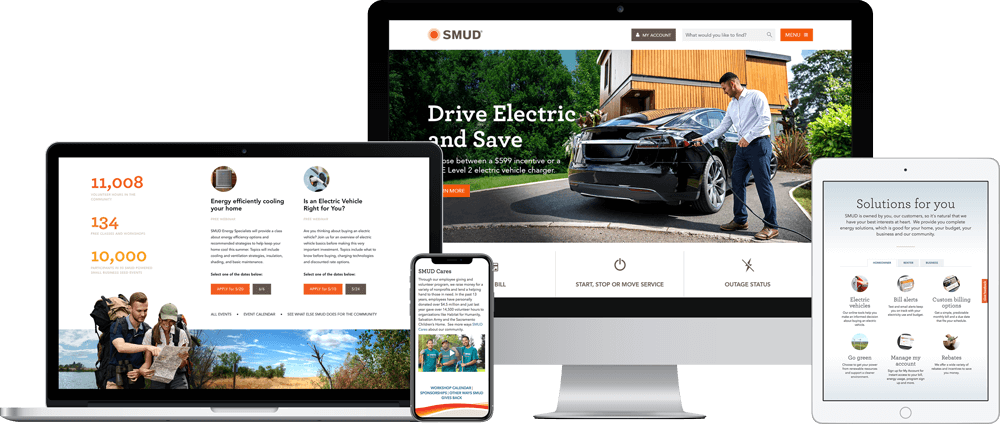 The SMUD responsive website redesign as seen on multiple devices