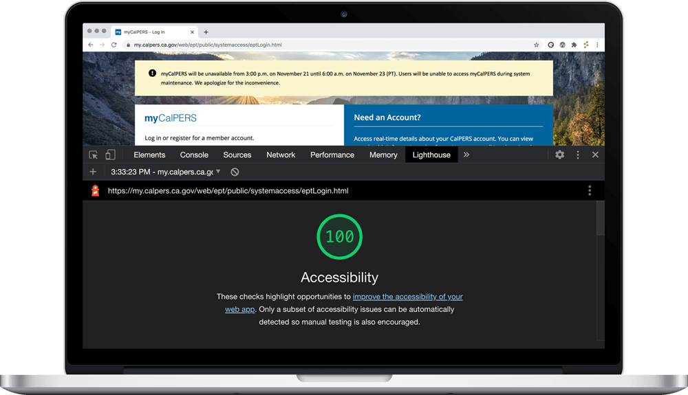 myCalPERS accessibility test with Google Lighthouse.