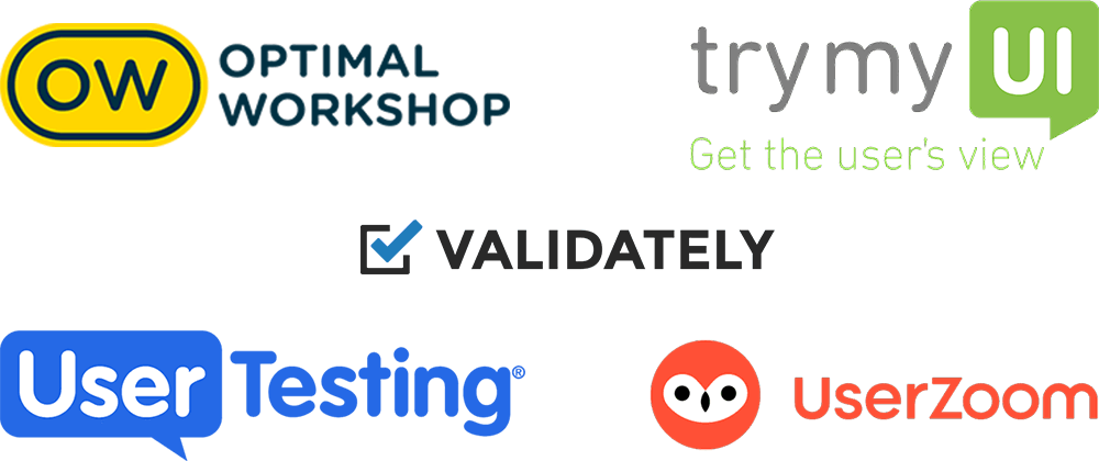 UX tools logotypes: Optimal Workshop, Try My UI, Validately, User Testing, User Zoom.