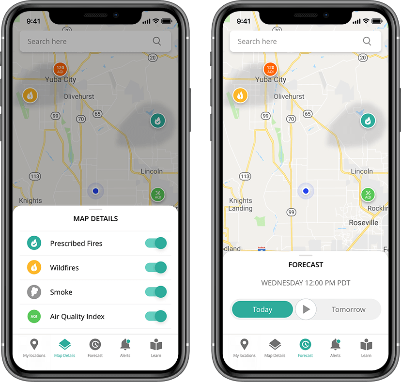 Screenshots of California Smoke Spotter application showcasing map layers and forecasting functionality.